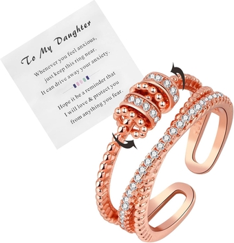 2Pcs To My Daughter Fidget Ring for Anxiety, Gold Silver Open Adjustable Beads Spinner Anxiety Relief Rings for Women Girls Jewelry Gifts
