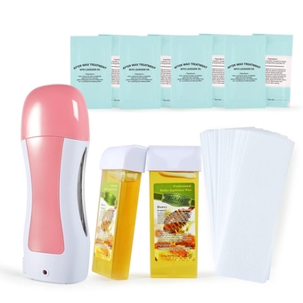 Roll on Wax Kit for Hair Removal Honey Roller Waxing Kit Include 2 Honey Soft Wax Cartridge & 100 Non-Woven Wax Strips Portable Pink Wax Heater Machine for Women & Men