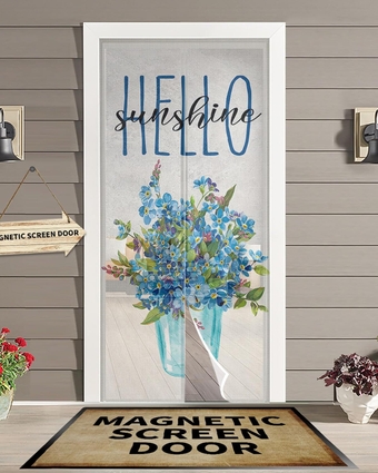 Hello Blue Flower Magnetic Screen Door for Sliding/Single/French Doors, Self Sealing Magnets Patio Door Screen Heavy Duty Mesh Curtain, Floral Green Leaves Watercolor