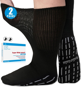 Extra Width Socks for Swollen Feet-2 Pairs Super Wide Diabetic Edema Sock, Bariatric Socks, Non Slip Cast Sock, Hospital Socks with Grips for Men,Extra Width Lymphedema Socks-2 Black