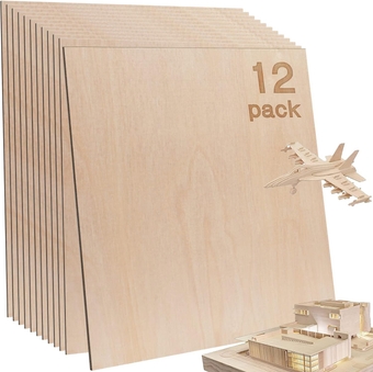12 Pcs Baltic Birch Plywood,12 x 12 x 1/8 Inch - 3mm Thick Birch Unfinished Wood for Crafts Laser Cutting & Engraving, School DIY Projects, Painting, Fretwork, CNC Cutting, and Wood Burning
