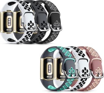 Compatible with Fitbit Charge 5 Bands for Women Men, Soft Silicone Band Sport Wrist Strap for Charge 5 Watch Accessories Waterproof, Coal Black/White Black/Black Gray/Smoke Purple/Gray Teal, L