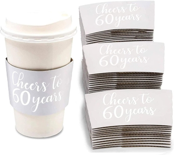 Cheers to 60 Years Coffee Cup Drink Sleeves for 60th Anniversary or Birthday, Fits 12-16 oz Cups, Fits 12-16 oz (Silver Foil, 50 Pack)
