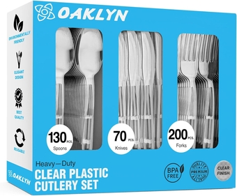 Heavy Duty Clear Plastic Cutlery - Large Party Pack – Bulk Reusable or Washable Fancy Utensils - 400 Count - Clear