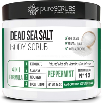 Premium Organic Body Scrub Set Large 16oz PEPPERMINT BODY SCRUB - Dead Sea Salt Infused Organic Essential Oils & Nutrients INCLUDES Wooden Spoon, Loofah & Mini Organic Exfoliating Bar Soap