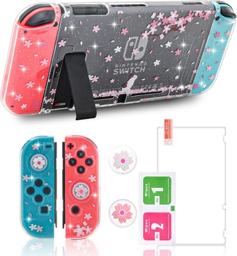 Switch Clear Glitter Case, Switch Flower Case, Cherry Blossom Switch Case with Cat Pattern, 2 Cherry Blossom Thumb Grips and 1 Tempered Glass Screen Protector