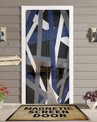 Geometric Navy Magnetic Screen Door for Sliding/Single/French Doors, Self Sealing Magnets Patio Door Screen Heavy Duty Mesh Curtain, Blue Grey White Abstract Modern Art