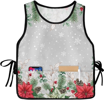 Unisex Cobbler Apron with 2 Pockets, Christmas Retro Farmhouse Snowflake Holly Red Black Plaid