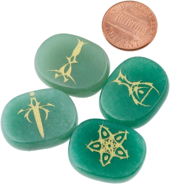 4 Piece Green Aventurine Stones Engraved Tarot Symbols Polished Palm Stones for Reiki Crystal Healing