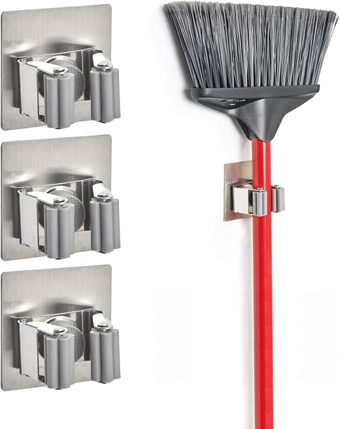 Broom-Mate Adhesive Mop and Broom Holder (3-Pack) - Self Adhesive Stainless Steel Broom Hanger for Mop  in the Garage and Laundry Room