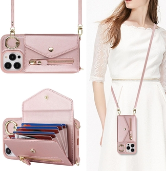 for iPhone 11 Pro Max Case Wallet with Strap for Women,Crossbody Lanyard,Zipper Pocket,Credit Card Holder,Stand Ring,Phone Wallet Case for iPhone 11 Pro Max(6.5",Rose Gold)
