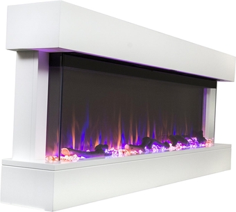Chesmont Smart Electric Fireplace- Wall Hanging with 50-inch Wide White Mantle- Alexa®/WiFi Enabled-10 Color-1500/750 Watt Heater with Thermostat- Crystals & Driftwood-Model 80033
