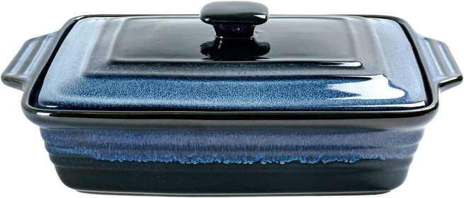 Casserole Baking Dish with Lid - Ceramic Blue Lasagna Pan 3.2 Quart, Large Covered Bakeware Set 9x13 for Cooking, Stoneware Bakers Microwave Oven Safe - Reactive Glaze Blue