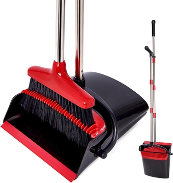 Broom and Dustpan Set with Long Handle, Light Weight Stainless Steel Poles Stand Upright Dustpans with Broom Combo for Home Kitchen Office Pet Dog Hair, Black & Red Color, 1-Pack