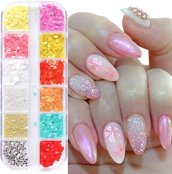 Cherry Petals Glitter Nail Art Sequins, Mixed Flower Nail Flakes Beads Rhinestone Nail Art Designs, 3D Floral Acrylic Nails Supplies for Women Girls Manicure Charms Decorations, Flower Nail Art