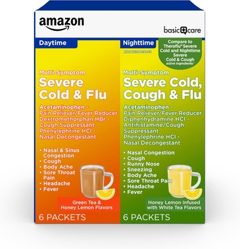 Severe Cold, Cough and Flu Medicine Powder Packets, Daytime and Nighttime Multi-Symptom Relief Combination Pack, Green Tea & Honey Lemon, 12 Count