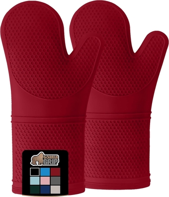Heat and Slip Resistant Silicone Oven Mitts Set, 14.5 in, Soft Cotton Lining, Waterproof, BPA-Free, Extra Long Thick Gloves for Cooking, BBQ, Kitchen Mitt Potholders, Red