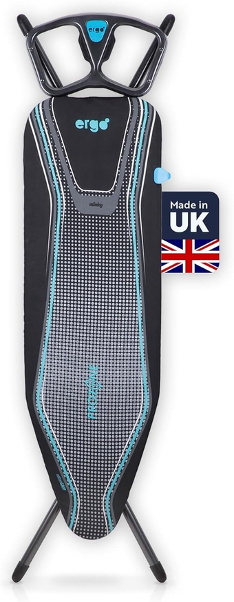 Ergo Prozone Ironing Board | Made in UK | Dual Iron Rest, Heat Reflective Cover, Thick Felt Underlay - Freestanding Ironing Board with Large 48" x 15" Ironing Surface (Gunmetal and Blue)