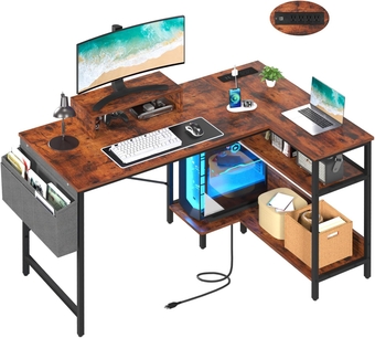 L Shaped Desk with Storage Shelves 47 Inch Computer Desk with Outlets & USB Ports Home Office Desk with Monitor Stand Corner Desk for Small Space Study Table Small Desk L Desk with Storage Bag