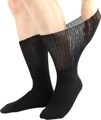 Diabetic Socks for Men Women Loose Fit Non-Binding Seamless Cuff Extra Wide Cotton Crew Socks Black White