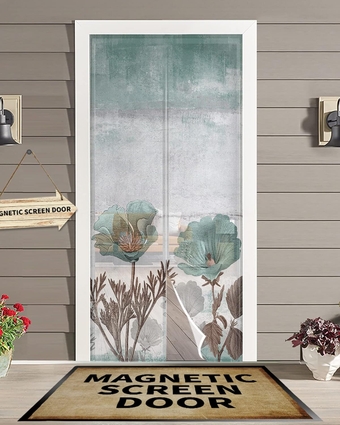 Elegant Tulip Teal Magnetic Screen Door for Sliding/Single/French Doors, Self Sealing Magnets Patio Door Screen Heavy Duty Mesh Curtain, Vintage Farmhouse Floral Rustic Wooden