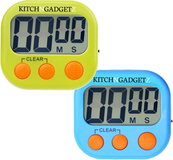 Digital en Alarm Clock with Countdown Timer - Set of 2 - Fresh Blue and Green - Large LCD Display - Buttons for Minutes and Seconds + Start and Stop - Very Easy to Use - Magnet and Tabletop Stand