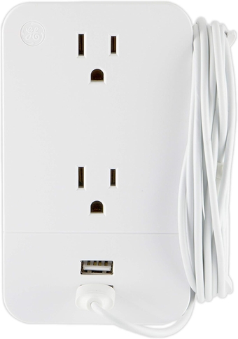 2-Outlet Extender, Charging Station, 2 USB Ports, Built-In Cable Management, Grounded Wall Tap, Power Splitter, Cruise Essentials, Use for Home Office School Dorm, UL Listed, White, 31705