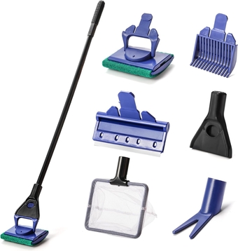 5 in 1 Aquarium Cleaning Tool Kit, Fish Tank Cleaner Tools Set Including Algae Scraper, Fish Net, Cleaning Sponge, Plant Fork, Gravel Rake, with 19 Inch Long Handle