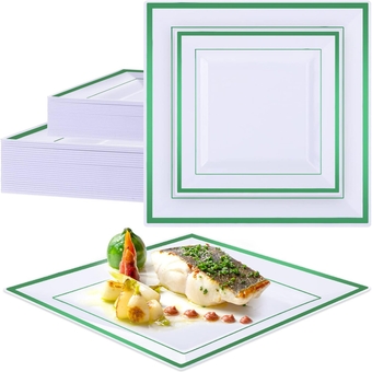 50 Pcs Square Plastic Plates White Disposable Dinnerware Set 25 Guests 9.5 and 6.5 Inch Heavy Duty Dinner Plates Square Dessert Plates Plastic Plate with Rim for Wedding Party Events (Green Rim)