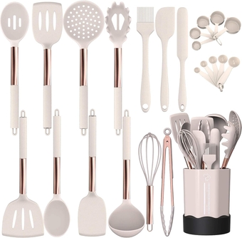 Silicone Cooking Utensil Set,  Kitchen Utensils Set with Copper Handle 24 Pcs Kitchen Gadgets Tools Set, Non-stick Heat Resistant Kitchen Spatulas Set - Khaki…