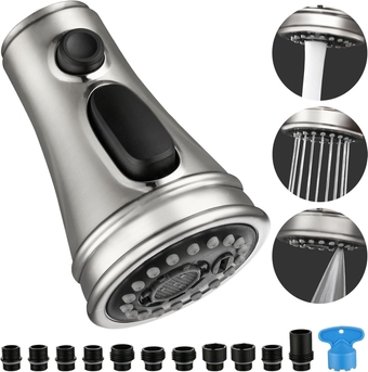 Kitchen Sink Faucet Head- 3 Function Pull Down Spray Head, Faucet Sprayer Nozzle with 11 Adapters, Compatible with the Faucet for Delta,Kohler, American Standard, Moen, Brushed Nickel
