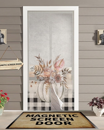 Pumpkin Flower Magnetic Screen Door for Sliding/Single/French Doors, Self Sealing Magnets Patio Door Screen Heavy Duty Mesh Curtain, Fall Thanks Autumn Leaves Plaid Black