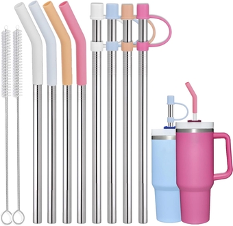 8 PCS Stainless Steel Straw compatible with Stanley Adventure Quencher Tumbler 40 oz, Straw with Straw Cover, Metal Straws with Straw Tip compatible with Stanley (Stainless Steel, 12 inch)