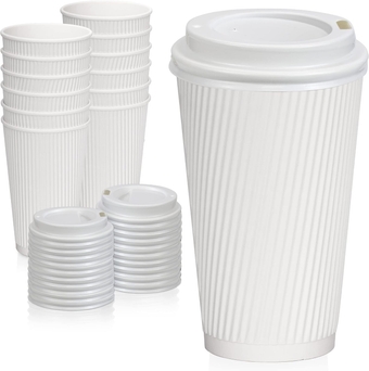[500 Pack] Disposable Hot Cups with Lids - 16 oz White Double Wall Insulated Ripple Sleeves Coffee Cups with White Dome Lid - Kraft Paper Cup for To Go Chocolate, Tea, and Cocoa Drinks
