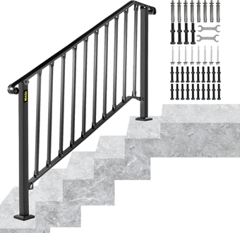 Handrails for Outdoor Steps, Fit 4 or 5 Steps Outdoor Stair Railing, Picket#4 Wrought Iron Handrail, Flexible Porch Railing, Black Transitional Handrails for Concrete Steps or Wooden Stairs