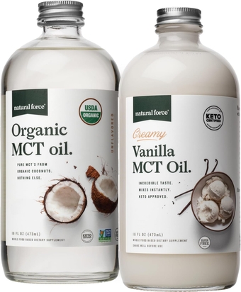 Creamy Vanilla MCT Oil + Organic MCT Oil – Gluten-Free, Non GMO, 100% Pure Coconut MCTs from Organic Coconuts – Keto, Paleo, and Vegan – 2x 16 Ounce Glass Bottles
