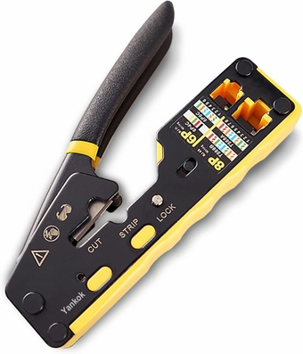 [6088 Pass Through Crimper] for RJ45 Pass-thru and RJ45 RJ12 RJ11 8P 6P Regular Network Connectors Crimp Strip Cut CAT5 CAT6 CAT7 Unshielded and Shielded Cables (Built-in Pass Thru Blade)
