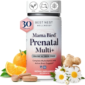 Mama Bird Prenatal Vitamin Iron Free, No Iron or Iodine, Methylfolate (Folic Acid for Pregnant Women), Natural Organic Herbal Blend, Vegan, Once Daily (30 Count)