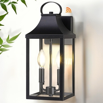 Dusk to Dawn Black Outdoor Wall Lantern 2-Light, 15" Outside Modern Wall Sconce Light Fixture, Industrial Porch Light Wall Mount with E12 Sockets and Glass, Waterproof Exterior Lamp Lighting, 1 Pack
