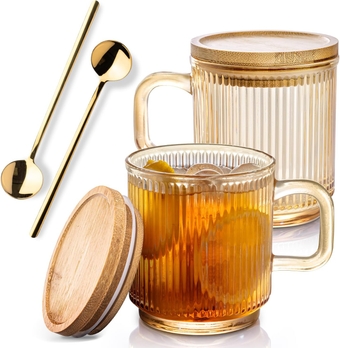 Glass Coffee Mugs with Lids, Glass Iced Coffee Cups Set of 2, Vintage Amber Ribbed Glassware Set, 11oz Cute Tea Cup with Spoon, Coffee Bar Accessories for Home Dorm Office Essentials Gifts