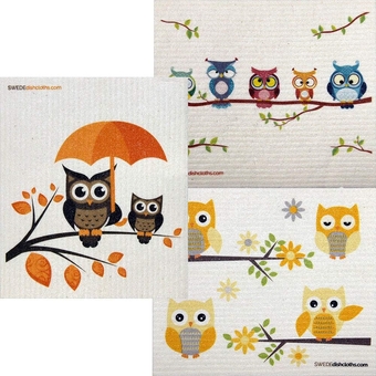 Mixed Owls Set of 3 Cloths (one of Each Design) Swedish Dishcloths | ECO Friendly Absorbent Cleaning Cloth | Reusable Cleaning Wipes