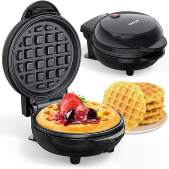 Mini Waffle Maker, with Non-Stick Cooking Plates, Makes 4'' Waffles, Easy to Clean, Compact Design, 1 inch thick Classic Round Waffle Iron for Home, Dorm, and RV, black