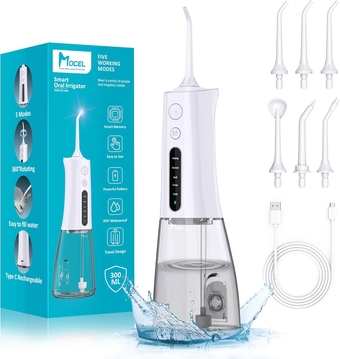 Water Dental Flosser Cordless Teeth Cleaning  5 Modes Oral Irrigator 300ML Portable and USB C Cable Rechargeable IPX7 Waterproof Flossing Teeth Pick Irrigation Cleaner for Home Travel (White)