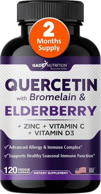 Quercetin with Vitamin C and Zinc - Elderberry - Quercetin 500mg - Quercetin with Bromelain - Zinc Quercetin - Vitamin D3 - 6 in 1 Daily Immune Support, Non-GMO, Gluten-Free - Sambucus Supplement -USA