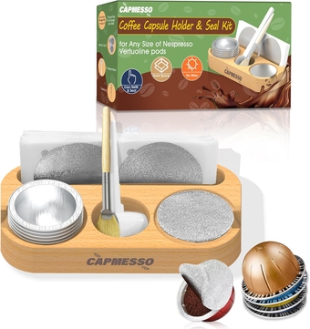 Vertuo Reusable Pods Refill Kit, Beechwood Foil Seal Kit & Vertuo Capsules Storage for Vertuoline Pods with 100pcs Foil Seal Lids, Brush, Scoop