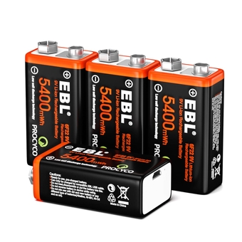 USB Rechargeable 9V Lithium Batteries - 5400mWh Long Lasting LI-ion Batteries with Micro Charging Cable - Quick Charge in 2 Hours (4 Pack)