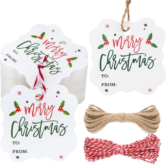 100pcs Christmas Gift Tags, 2"X2" Holly Gift Tags with Strings, 300g/m² Thick White Paper Gift Tags, Christmas Tags with Holly and Berries, Gift Tags Christmas for Presents, Jars, Crafts