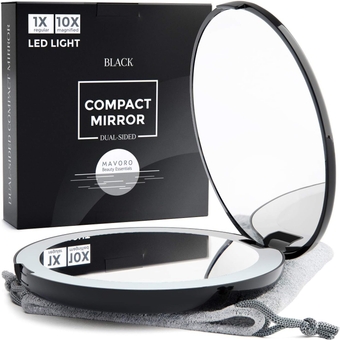 LED Lighted Travel Makeup Mirror, 1x/10x Magnification - Daylight LED, Pocket or Purse Mirror, Small Travel Mirror. Folding Portable Mirror, Large - 5 inch (Black)