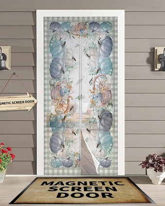 Fall Magnetic Screen Door for Sliding/Single/French Doors, Self Sealing Magnets Patio Door Screen Heavy Duty Mesh Curtain, Pumpkin Eucalyptus Leaves Farm House Plaid Green