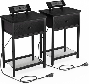 Black Nightstands Set of 2 with Charging Station, Night Stand End Table with USB Ports & Outlets, Bedside Table with Fabric Drawer for Room, Bedroom